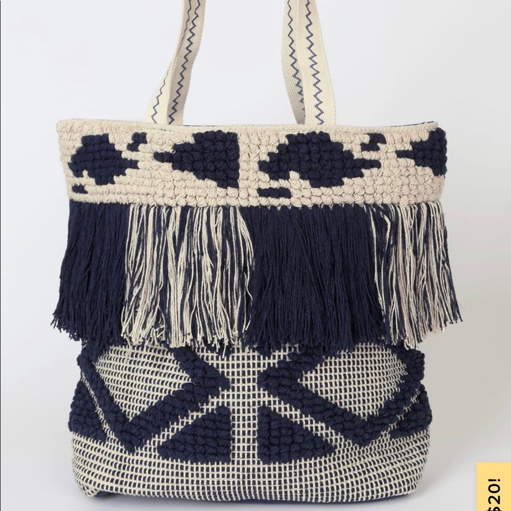 Beach Bag, Navy Blue & Beige Fringe